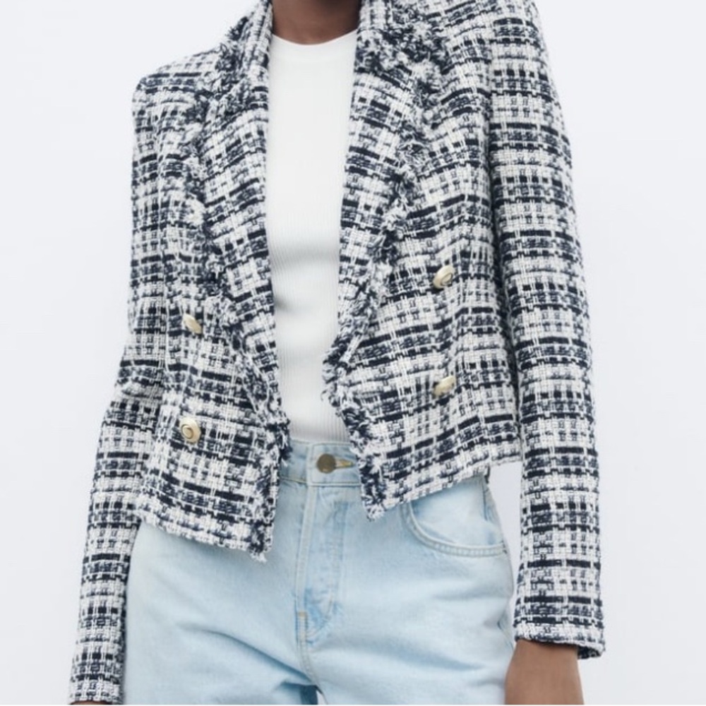 New Zara Textured Double-breasted Cropped Blazer Blue,White, XS